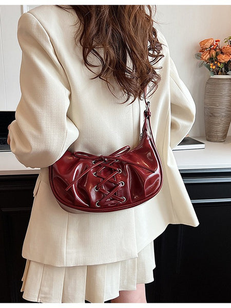 Laced Bowknot Design PU Leather Underarm Shoulder Bag Handbag Red