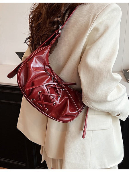 Laced Bowknot Design PU Leather Underarm Shoulder Bag Handbag Red