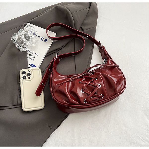 Laced Bowknot Design PU Leather Underarm Shoulder Bag Handbag Red