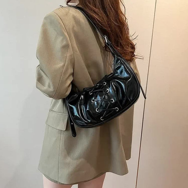 Laced Bowknot Design PU Leather Underarm Shoulder Bag Handbag Black