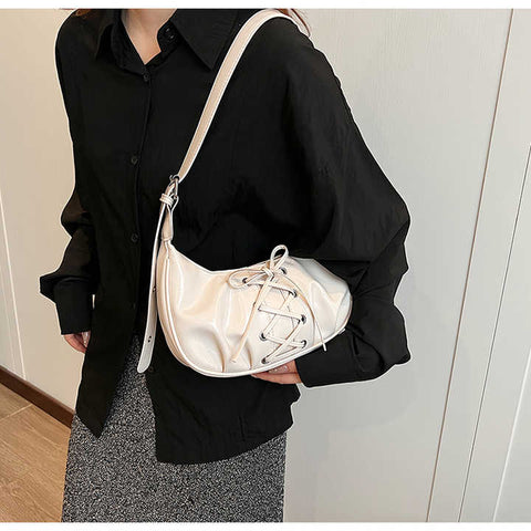 Laced Bowknot Design PU Leather Underarm Shoulder Bag Handbag White