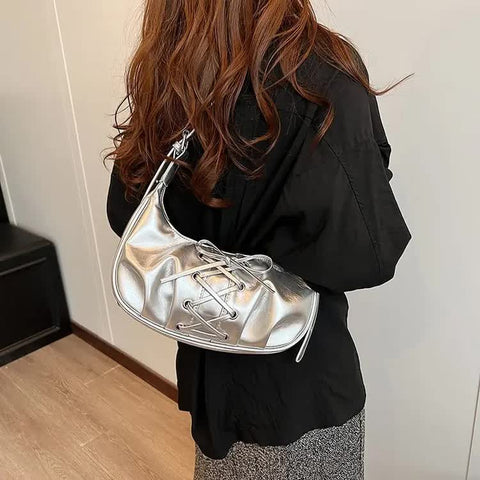 Laced Bowknot Design PU Leather Underarm Shoulder Bag Handbag Silver