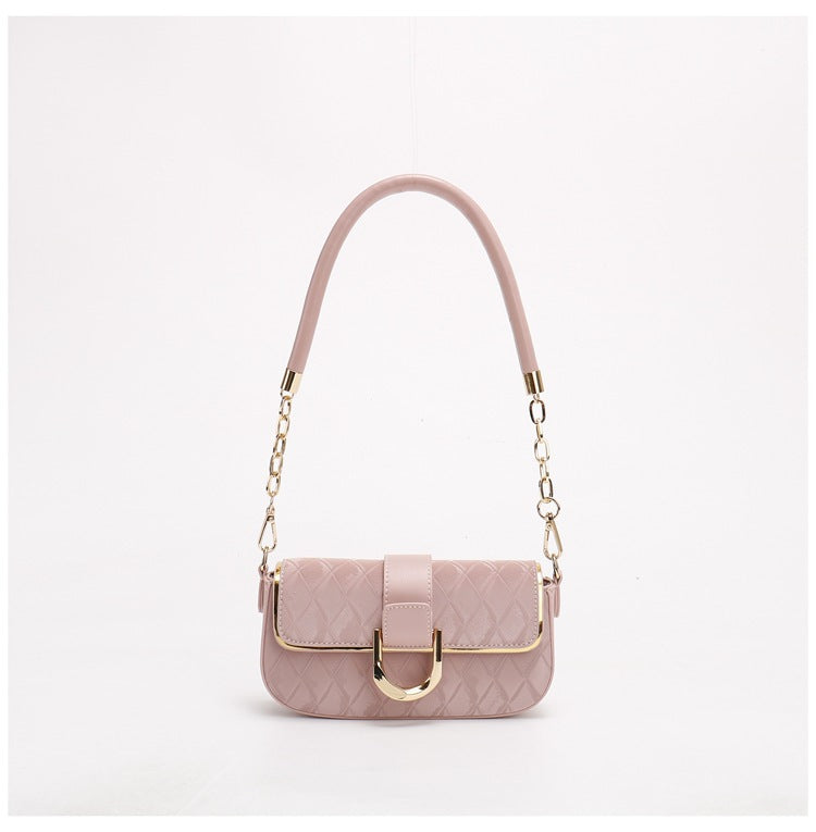 Quilted Gold Chain Strap Accents Buckle PU Leather Shoulder Bag Handbag Pink