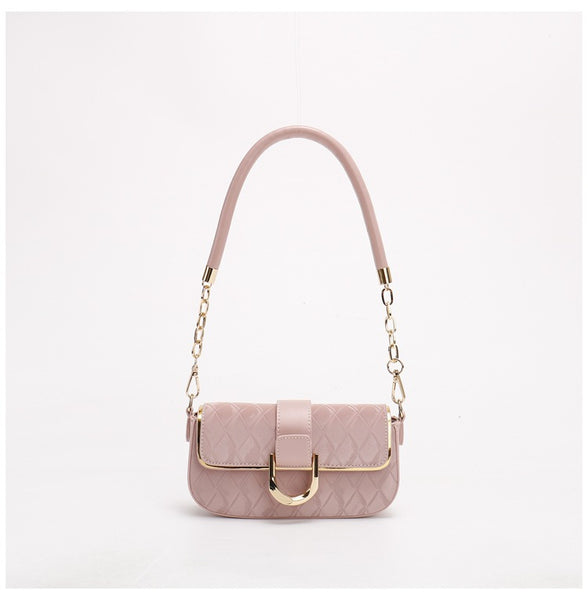 Quilted Gold Chain Strap Accents Buckle PU Leather Shoulder Bag Handbag Pink