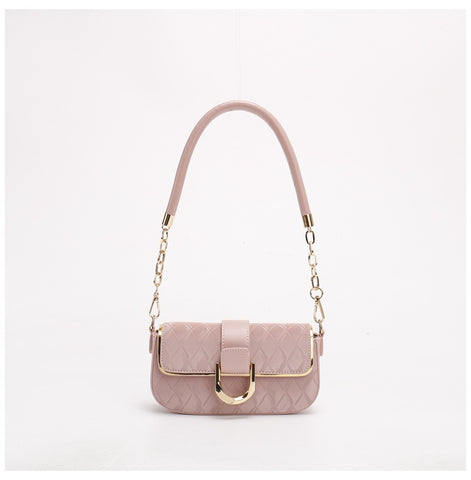 Quilted Gold Chain Strap Accents Buckle PU Leather Shoulder Bag Handbag Pink