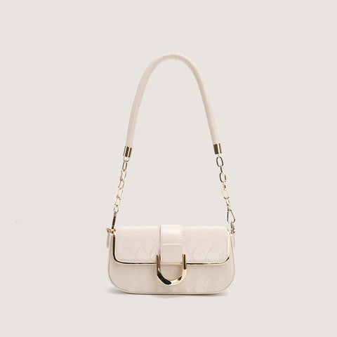 Quilted Gold Chain Strap Accents Buckle PU Leather Shoulder Bag Handbag White