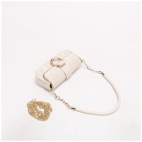 Quilted Gold Chain Strap Accents Buckle PU Leather Shoulder Bag Handbag White