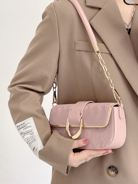 Quilted Gold Chain Strap Accents Buckle PU Leather Shoulder Bag Handbag White