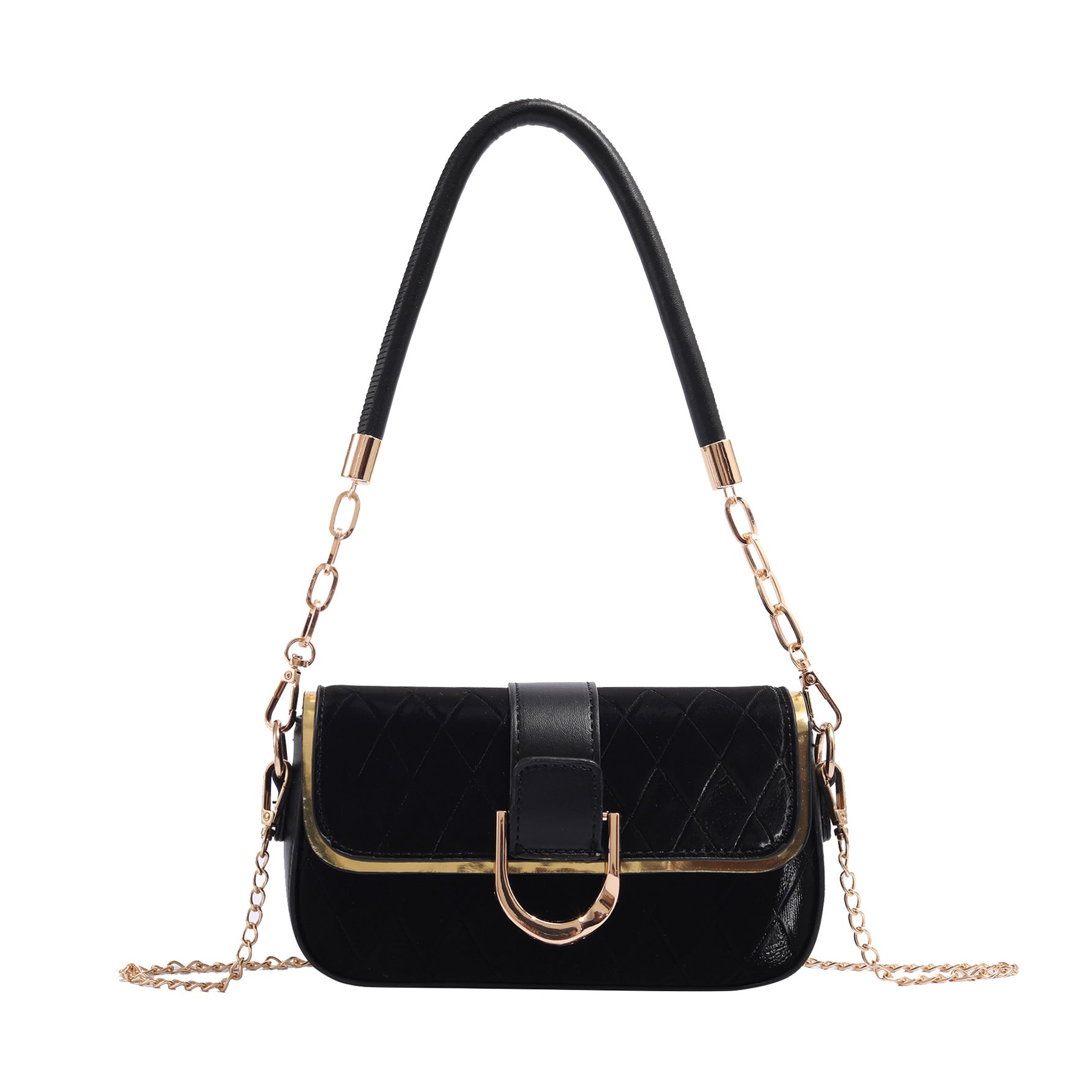 Quilted Gold Chain Strap Accents Buckle PU Leather Shoulder Bag Handbag Black