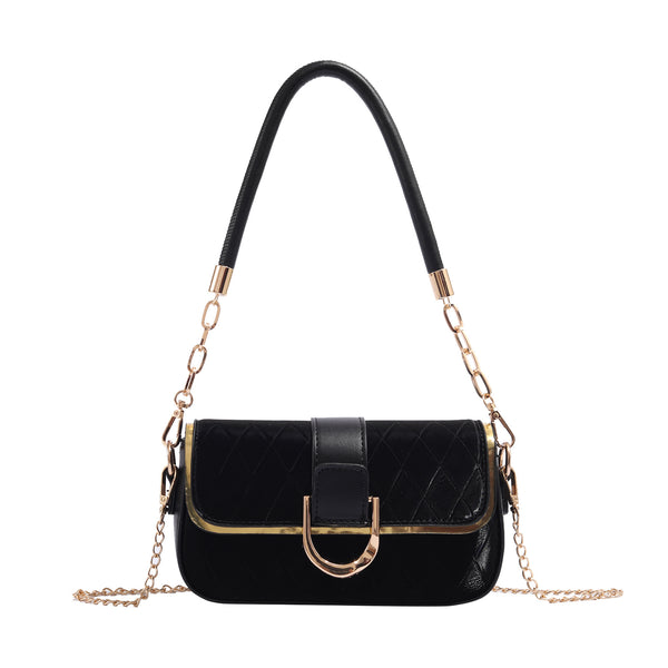Quilted Gold Chain Strap Accents Buckle PU Leather Shoulder Bag Handbag Black