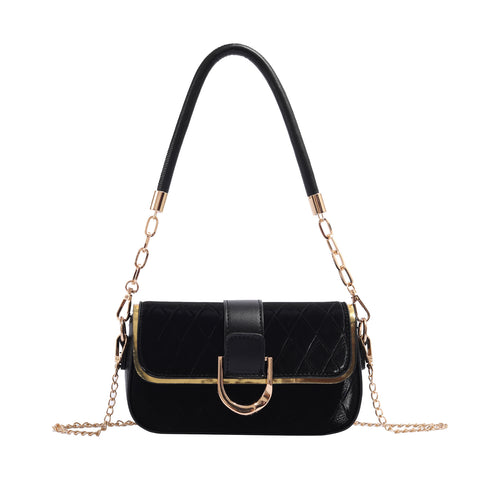 Quilted Gold Chain Strap Accents Buckle PU Leather Shoulder Bag Handbag Black