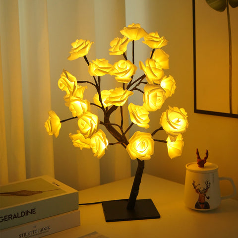 LED Rose Flower Tree Desk Side Coffee Table Light Lamp USB Switch Yellow