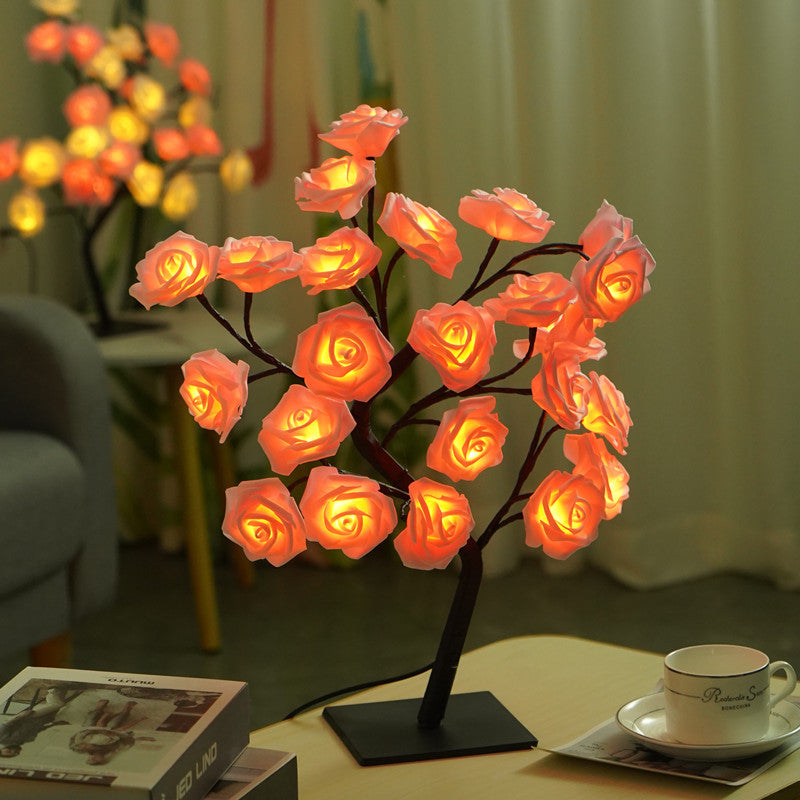 LED Rose Flower Tree Desk Side Coffee Table Light Lamp USB Switch Orange