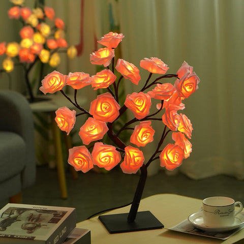 LED Rose Flower Tree Desk Side Coffee Table Light Lamp USB Switch Orange