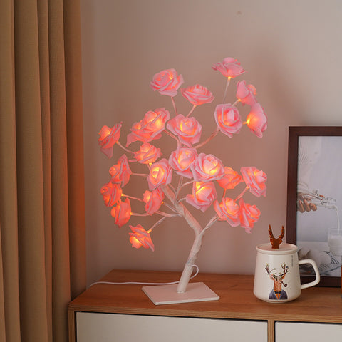 LED Rose Flower Tree Desk Side Coffee Table Light Lamp USB Switch Pink