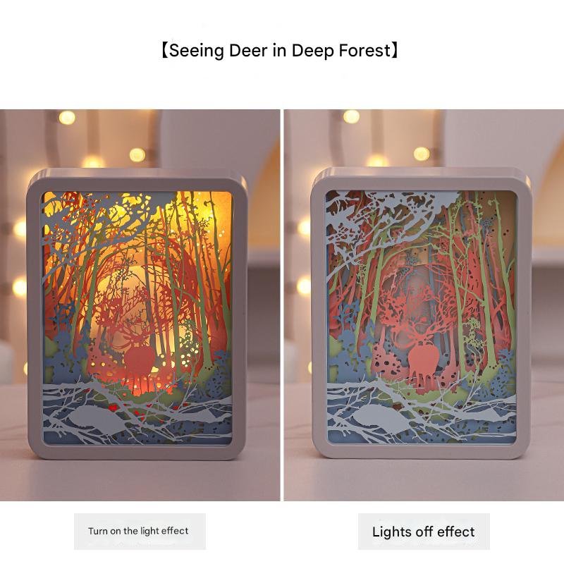 3D Shadow Paper Carving USB Battery Bedside Nursery Light Lamp Deer In Forest