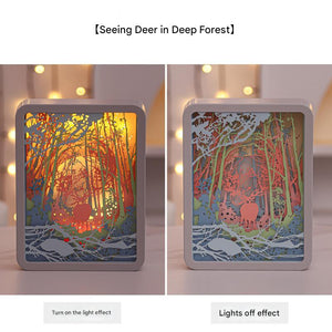 3D Shadow Paper Carving USB Battery Bedside Nursery Light Lamp Deer In Forest