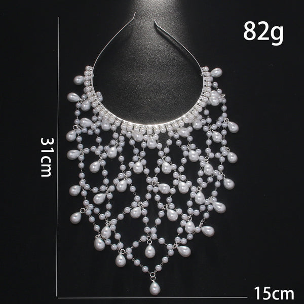 Bohemian Faux Pearl Net Headband Mesh Hair Accessory Hairpiece Bridal Wedding Silver