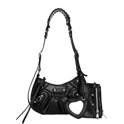 Faux PU Leather Crescent Moon Crossbody Shoulder Bag Card Holder Mirror Black