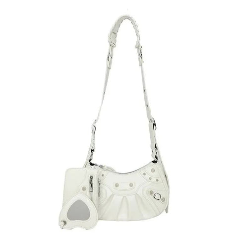 Faux PU Leather Crescent Moon Crossbody Shoulder Bag Card Holder Mirror White