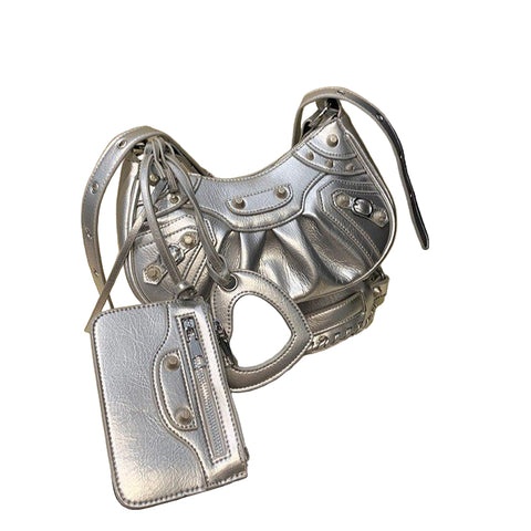Faux PU Leather Crescent Moon Crossbody Shoulder Bag Card Holder Mirror Silver
