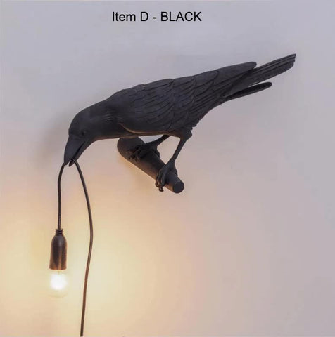 Nordic Resin Bird Crow Raven Magpie Branch Wall Lamp Light USB Black