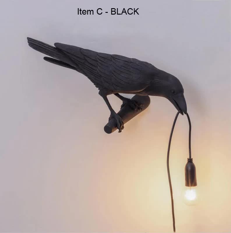 Nordic Resin Bird Crow Raven Magpie Branch Wall Lamp Light USB Black