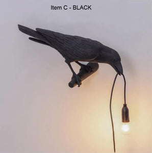 Nordic Resin Bird Crow Raven Magpie Branch Wall Lamp Light USB Black