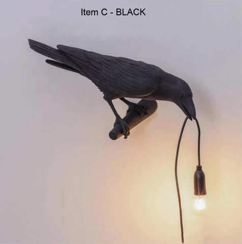 Nordic Resin Bird Crow Raven Magpie Branch Wall Lamp Light USB Black