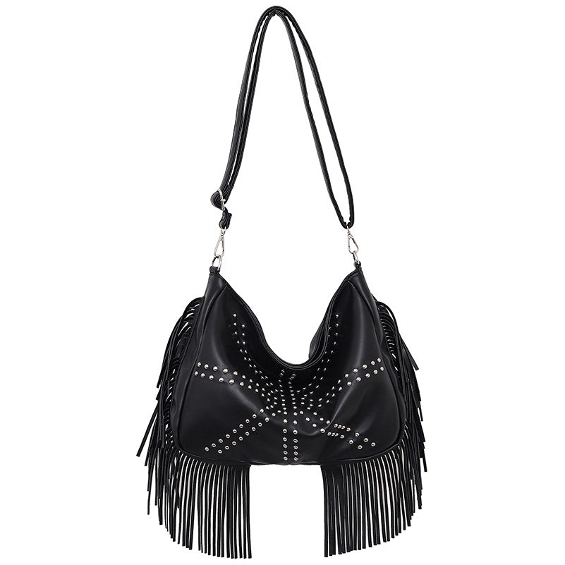 PU Leather Rivet Fringe Tassel Shoulder Crossbody Bag Handbag Black