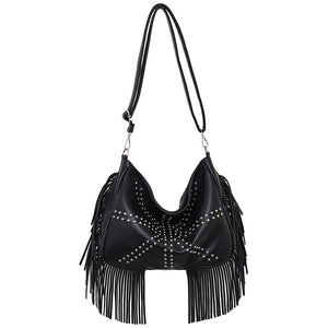 PU Leather Rivet Fringe Tassel Shoulder Crossbody Bag Handbag Black
