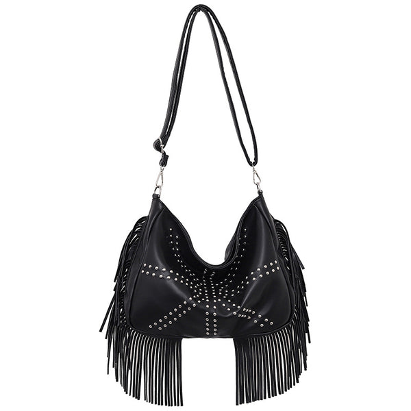 PU Leather Rivet Fringe Tassel Shoulder Crossbody Bag Handbag Black