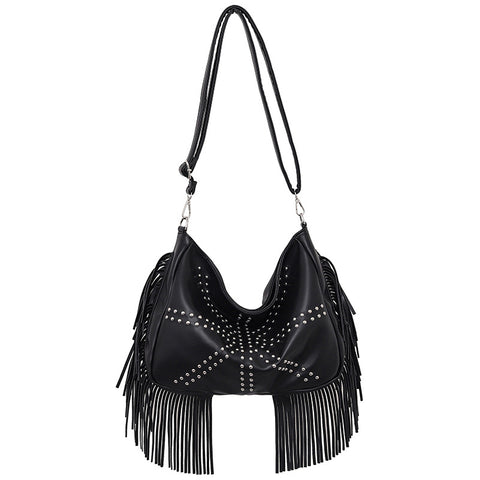 PU Leather Rivet Fringe Tassel Shoulder Crossbody Bag Handbag Black