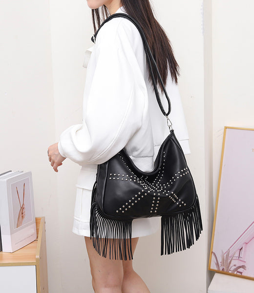 PU Leather Rivet Fringe Tassel Shoulder Crossbody Bag Handbag Black