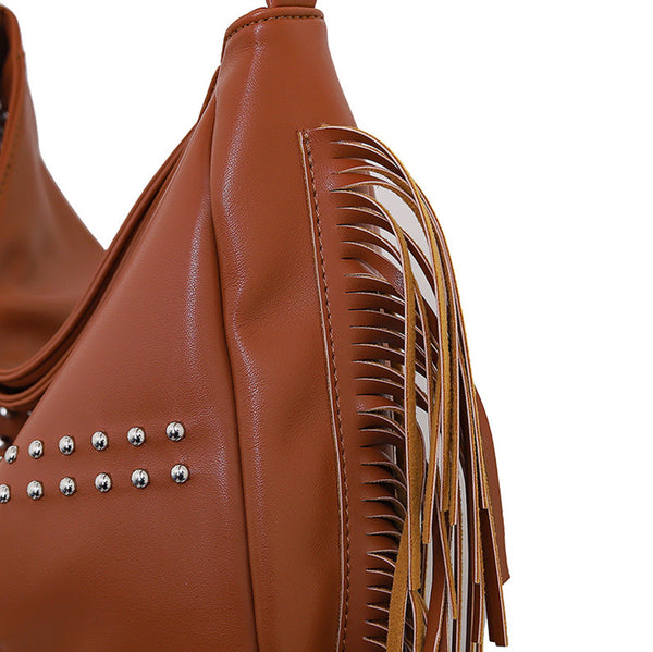 PU Leather Rivet Fringe Tassel Shoulder Crossbody Bag Handbag Black