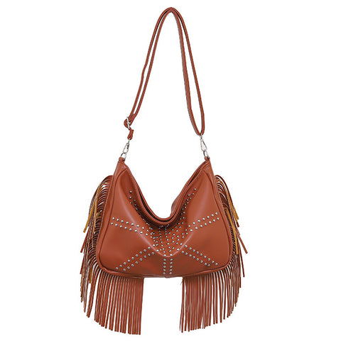 PU Leather Rivet Fringe Tassel Shoulder Crossbody Bag Handbag Brown