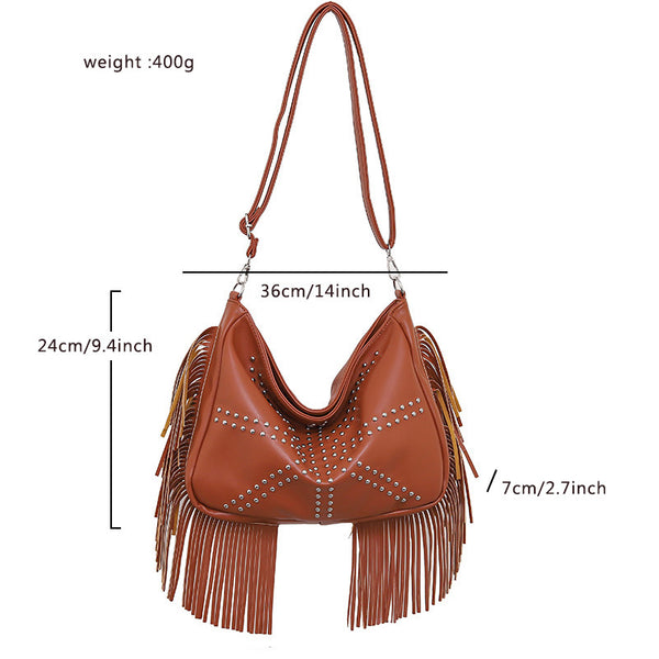 PU Leather Rivet Fringe Tassel Shoulder Crossbody Bag Handbag Brown