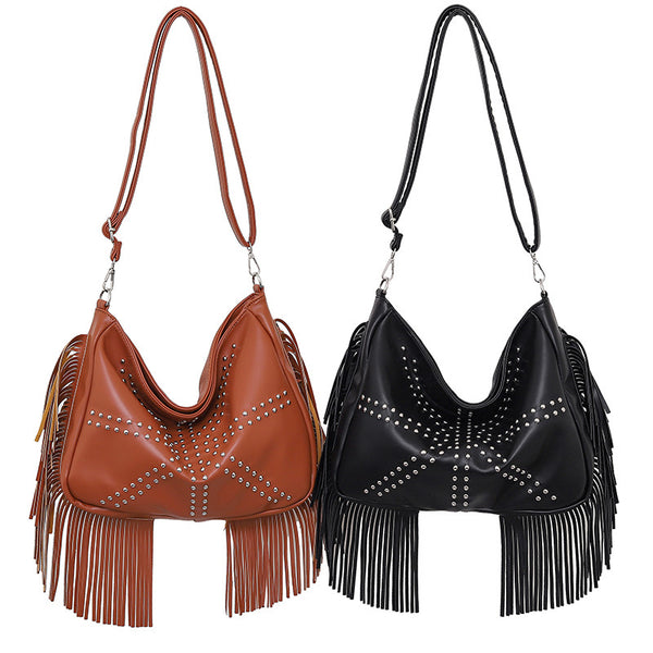 PU Leather Rivet Fringe Tassel Shoulder Crossbody Bag Handbag Brown