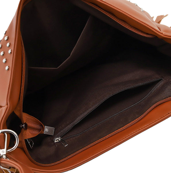 PU Leather Rivet Fringe Tassel Shoulder Crossbody Bag Handbag Brown