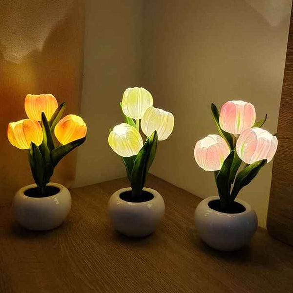 Tulip Flowers Ceramic Pot USB Bedside Table Night Light Lamp 20cm Pink