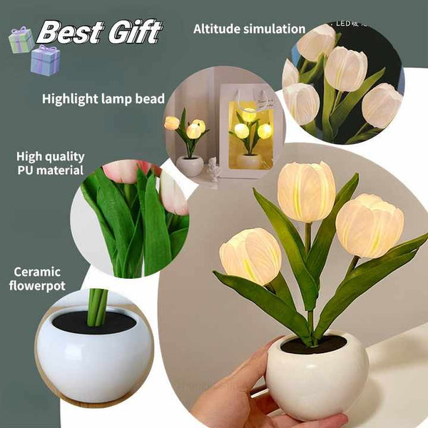 Tulip Flowers Ceramic Pot USB Bedside Table Night Light Lamp 20cm Pink
