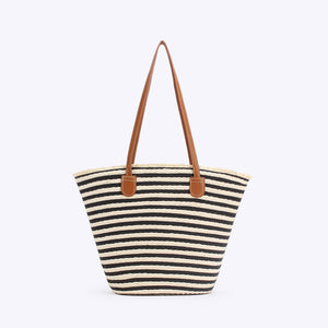 Handmade Woven Large Striped Beach Tote Shoulder Bag Zip Inner Pocket Black White