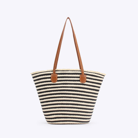 Handmade Woven Large Striped Beach Tote Shoulder Bag Zip Inner Pocket Black White