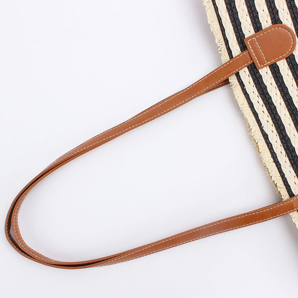Handmade Woven Large Striped Beach Tote Shoulder Bag Zip Inner Pocket Black White