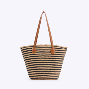 Handmade Woven Large Striped Beach Tote Shoulder Bag Zip Inner Pocket Black Brown