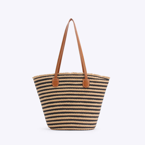 Handmade Woven Large Striped Beach Tote Shoulder Bag Zip Inner Pocket Black Brown