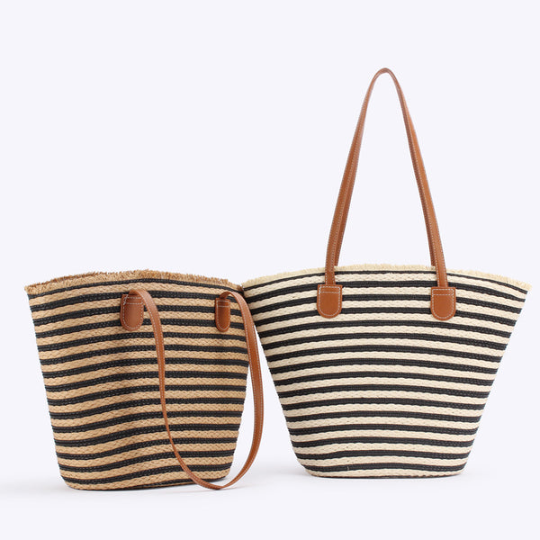 Handmade Woven Large Striped Beach Tote Shoulder Bag Zip Inner Pocket Black Brown