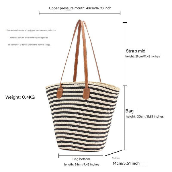 Handmade Woven Large Striped Beach Tote Shoulder Bag Zip Inner Pocket Black Brown