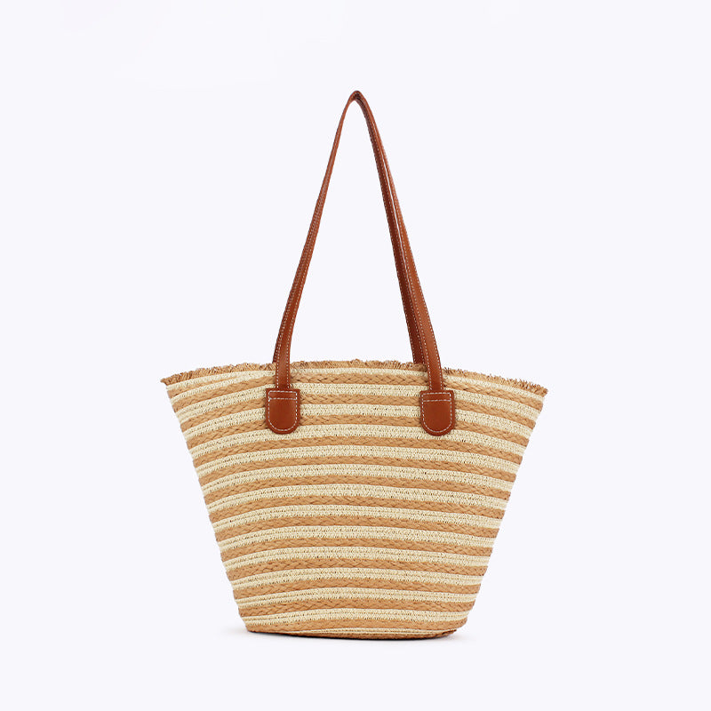 Handmade Woven Large Striped Beach Tote Shoulder Bag Zip Inner Pocket White Yellow