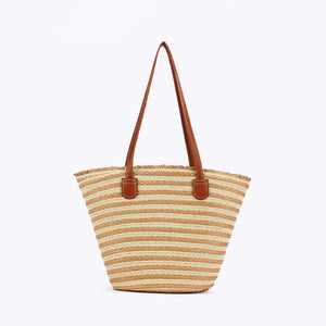 Handmade Woven Large Striped Beach Tote Shoulder Bag Zip Inner Pocket White Yellow